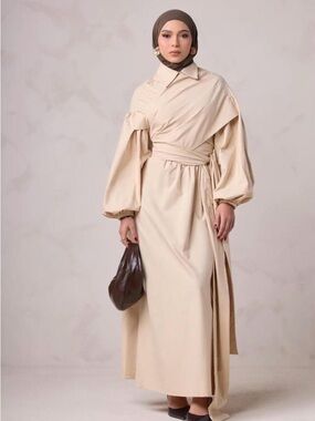 Modest Cream Wrap Maxi Dress with Dramatic Bishop Sleeves